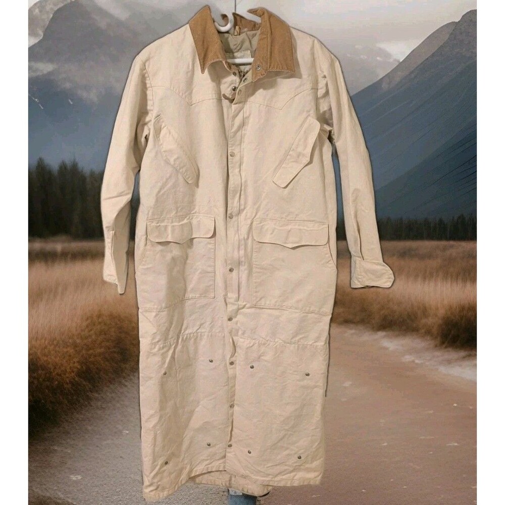 Vtg J. Peterman Horseman's Duster Coat S Ivory Canvas Corduroy Adjustable Length